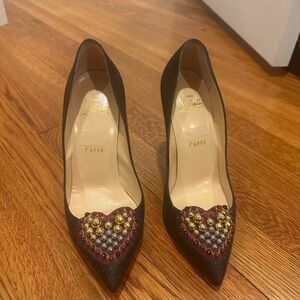 Christian Louboutin Black and Gold Heart Stud Embellished Women's Heels
